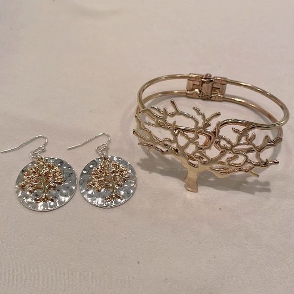 Tree of Life Silver Gold Earrings & Bracelet Set - Picture 1 of 8